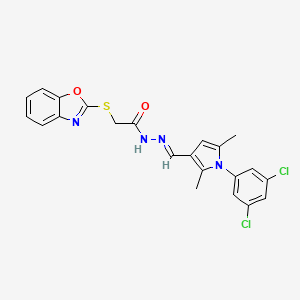 molecular formula C22H18Cl2N4O2S B10929121 2-(1,3-benzoxazol-2-ylsulfanyl)-N'-{(E)-[1-(3,5-dichlorophenyl)-2,5-dimethyl-1H-pyrrol-3-yl]methylidene}acetohydrazide 