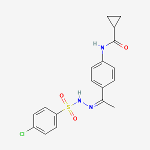 molecular formula C18H18ClN3O3S B10929225 N-(4-{N-[(4-chlorophenyl)sulfonyl]ethanehydrazonoyl}phenyl)cyclopropanecarboxamide 