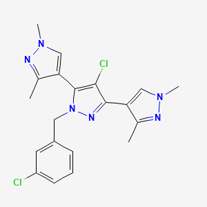 molecular formula C20H20Cl2N6 B10929681 4-chloro-1-[(3-chlorophenyl)methyl]-3,5-bis(1,3-dimethylpyrazol-4-yl)pyrazole 