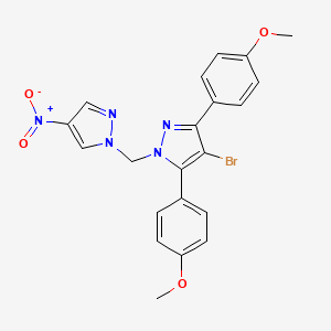 molecular formula C21H18BrN5O4 B10929773 4-bromo-3,5-bis(4-methoxyphenyl)-1-[(4-nitro-1H-pyrazol-1-yl)methyl]-1H-pyrazole 