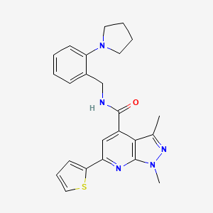 molecular formula C24H25N5OS B10929984 1,3-dimethyl-N-[2-(pyrrolidin-1-yl)benzyl]-6-(thiophen-2-yl)-1H-pyrazolo[3,4-b]pyridine-4-carboxamide 