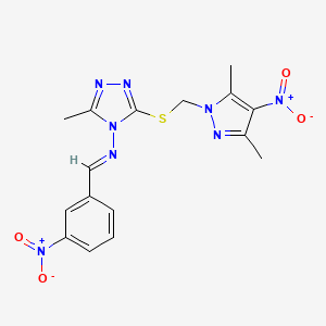 3-{[(3,5-dimethyl-4-nitro-1H-pyrazol-1-yl)methyl]sulfanyl}-5-methyl-N-[(E)-(3-nitrophenyl)methylidene]-4H-1,2,4-triazol-4-amine