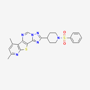 molecular formula C23H22N6O2S2 B10930329 4-[1-(benzenesulfonyl)piperidin-4-yl]-11,13-dimethyl-16-thia-3,5,6,8,14-pentazatetracyclo[7.7.0.02,6.010,15]hexadeca-1(9),2,4,7,10(15),11,13-heptaene 