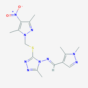 molecular formula C15H19N9O2S B10930386 3-{[(3,5-dimethyl-4-nitro-1H-pyrazol-1-yl)methyl]sulfanyl}-N-[(E)-(1,5-dimethyl-1H-pyrazol-4-yl)methylidene]-5-methyl-4H-1,2,4-triazol-4-amine 