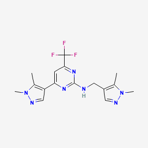 molecular formula C16H18F3N7 B10930418 4-(1,5-dimethyl-1H-pyrazol-4-yl)-N-[(1,5-dimethyl-1H-pyrazol-4-yl)methyl]-6-(trifluoromethyl)pyrimidin-2-amine 