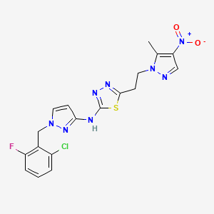 molecular formula C18H16ClFN8O2S B10930482 N-[1-(2-chloro-6-fluorobenzyl)-1H-pyrazol-3-yl]-5-[2-(5-methyl-4-nitro-1H-pyrazol-1-yl)ethyl]-1,3,4-thiadiazol-2-amine 