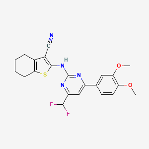 molecular formula C22H20F2N4O2S B10930524 2-{[4-(Difluoromethyl)-6-(3,4-dimethoxyphenyl)pyrimidin-2-yl]amino}-4,5,6,7-tetrahydro-1-benzothiophene-3-carbonitrile 