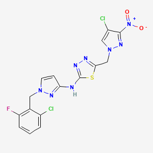 molecular formula C16H11Cl2FN8O2S B10930622 N-[1-(2-chloro-6-fluorobenzyl)-1H-pyrazol-3-yl]-5-[(4-chloro-3-nitro-1H-pyrazol-1-yl)methyl]-1,3,4-thiadiazol-2-amine 