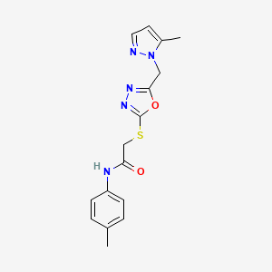 molecular formula C16H17N5O2S B10930723 N-(4-methylphenyl)-2-({5-[(5-methyl-1H-pyrazol-1-yl)methyl]-1,3,4-oxadiazol-2-yl}sulfanyl)acetamide 