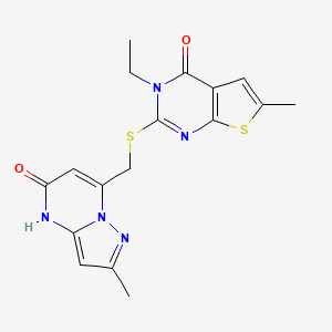 molecular formula C17H17N5O2S2 B10930855 3-ethyl-6-methyl-2-{[(2-methyl-5-oxo-4,5-dihydropyrazolo[1,5-a]pyrimidin-7-yl)methyl]sulfanyl}thieno[2,3-d]pyrimidin-4(3H)-one 