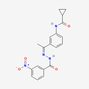 molecular formula C19H18N4O4 B10930949 N-{3-[(1Z)-1-{2-[(3-nitrophenyl)carbonyl]hydrazinylidene}ethyl]phenyl}cyclopropanecarboxamide 