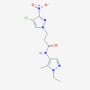 molecular formula C12H15ClN6O3 B10931020 3-(4-chloro-3-nitro-1H-pyrazol-1-yl)-N-(1-ethyl-5-methyl-1H-pyrazol-4-yl)propanamide 