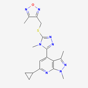 molecular formula C18H20N8OS B10931084 6-cyclopropyl-1,3-dimethyl-4-(4-methyl-5-{[(4-methyl-1,2,5-oxadiazol-3-yl)methyl]sulfanyl}-4H-1,2,4-triazol-3-yl)-1H-pyrazolo[3,4-b]pyridine 