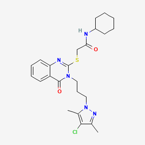 molecular formula C24H30ClN5O2S B10931110 2-({3-[3-(4-chloro-3,5-dimethyl-1H-pyrazol-1-yl)propyl]-4-oxo-3,4-dihydroquinazolin-2-yl}sulfanyl)-N-cyclohexylacetamide 