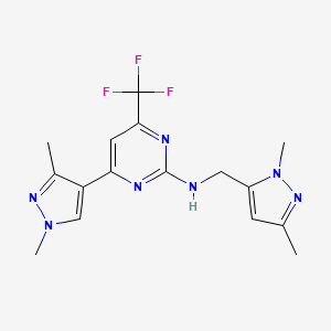 molecular formula C16H18F3N7 B10931137 4-(1,3-dimethyl-1H-pyrazol-4-yl)-N-[(1,3-dimethyl-1H-pyrazol-5-yl)methyl]-6-(trifluoromethyl)pyrimidin-2-amine 