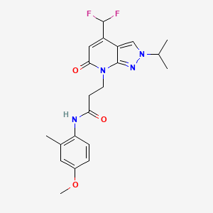 molecular formula C21H24F2N4O3 B10931263 3-[4-(difluoromethyl)-6-oxo-2-(propan-2-yl)-2,6-dihydro-7H-pyrazolo[3,4-b]pyridin-7-yl]-N-(4-methoxy-2-methylphenyl)propanamide 