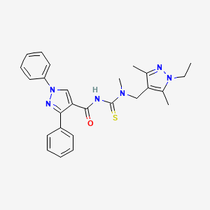 molecular formula C26H28N6OS B10931306 N-{[(1-ethyl-3,5-dimethyl-1H-pyrazol-4-yl)methyl](methyl)carbamothioyl}-1,3-diphenyl-1H-pyrazole-4-carboxamide 