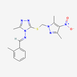 3-{[(3,5-dimethyl-4-nitro-1H-pyrazol-1-yl)methyl]sulfanyl}-5-methyl-N-[(E)-(2-methylphenyl)methylidene]-4H-1,2,4-triazol-4-amine