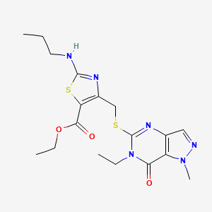 molecular formula C18H24N6O3S2 B10931314 ethyl 4-{[(6-ethyl-1-methyl-7-oxo-6,7-dihydro-1H-pyrazolo[4,3-d]pyrimidin-5-yl)sulfanyl]methyl}-2-(propylamino)-1,3-thiazole-5-carboxylate 