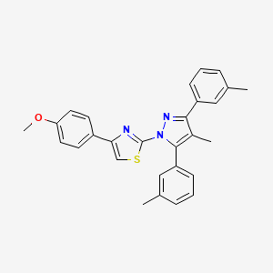 molecular formula C28H25N3OS B10931404 4-(4-methoxyphenyl)-2-[4-methyl-3,5-bis(3-methylphenyl)-1H-pyrazol-1-yl]-1,3-thiazole 