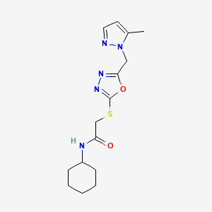 molecular formula C15H21N5O2S B10931529 N-cyclohexyl-2-({5-[(5-methyl-1H-pyrazol-1-yl)methyl]-1,3,4-oxadiazol-2-yl}sulfanyl)acetamide 