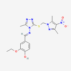 molecular formula C18H21N7O4S B10931552 4-{(E)-[(3-{[(3,5-dimethyl-4-nitro-1H-pyrazol-1-yl)methyl]sulfanyl}-5-methyl-4H-1,2,4-triazol-4-yl)imino]methyl}-2-ethoxyphenol 