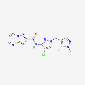 molecular formula C16H16ClN9O B10931608 N-{4-chloro-1-[(1-ethyl-5-methyl-1H-pyrazol-4-yl)methyl]-1H-pyrazol-3-yl}[1,2,4]triazolo[1,5-a]pyrimidine-2-carboxamide 