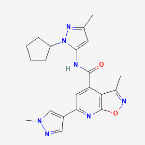 molecular formula C21H23N7O2 B10931728 N-(1-cyclopentyl-3-methyl-1H-pyrazol-5-yl)-3-methyl-6-(1-methyl-1H-pyrazol-4-yl)[1,2]oxazolo[5,4-b]pyridine-4-carboxamide 