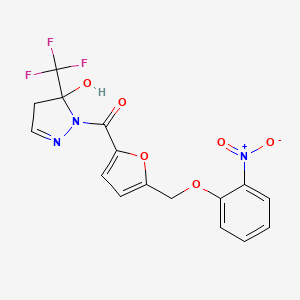 molecular formula C16H12F3N3O6 B10931777 [5-hydroxy-5-(trifluoromethyl)-4,5-dihydro-1H-pyrazol-1-yl]{5-[(2-nitrophenoxy)methyl]furan-2-yl}methanone 