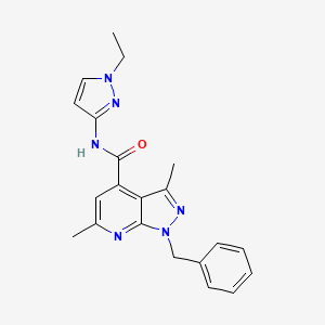 molecular formula C21H22N6O B10932004 1-benzyl-N-(1-ethyl-1H-pyrazol-3-yl)-3,6-dimethyl-1H-pyrazolo[3,4-b]pyridine-4-carboxamide 