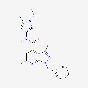 molecular formula C22H24N6O B10932162 1-benzyl-N-(1-ethyl-5-methyl-1H-pyrazol-3-yl)-3,6-dimethyl-1H-pyrazolo[3,4-b]pyridine-4-carboxamide 