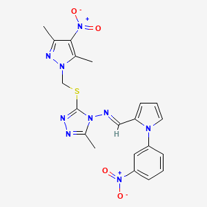 molecular formula C20H19N9O4S B10932416 3-{[(3,5-dimethyl-4-nitro-1H-pyrazol-1-yl)methyl]sulfanyl}-5-methyl-N-{(E)-[1-(3-nitrophenyl)-1H-pyrrol-2-yl]methylidene}-4H-1,2,4-triazol-4-amine 