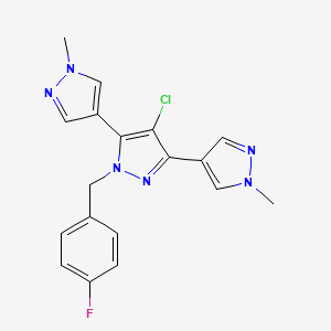 molecular formula C18H16ClFN6 B10932551 4-chloro-1-[(4-fluorophenyl)methyl]-3,5-bis(1-methylpyrazol-4-yl)pyrazole 