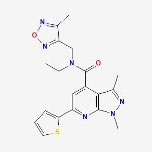 molecular formula C19H20N6O2S B10932572 N-ethyl-1,3-dimethyl-N-[(4-methyl-1,2,5-oxadiazol-3-yl)methyl]-6-(thiophen-2-yl)-1H-pyrazolo[3,4-b]pyridine-4-carboxamide 