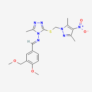 3-{[(3,5-dimethyl-4-nitro-1H-pyrazol-1-yl)methyl]sulfanyl}-N-{(E)-[4-methoxy-3-(methoxymethyl)phenyl]methylidene}-5-methyl-4H-1,2,4-triazol-4-amine