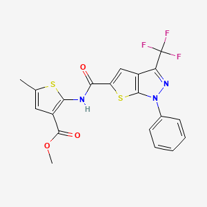 molecular formula C20H14F3N3O3S2 B10932613 methyl 5-methyl-2-({[1-phenyl-3-(trifluoromethyl)-1H-thieno[2,3-c]pyrazol-5-yl]carbonyl}amino)thiophene-3-carboxylate 