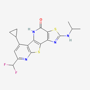 molecular formula C18H16F2N4OS2 B10932731 11-cyclopropyl-13-(difluoromethyl)-4-(propan-2-ylamino)-5,16-dithia-3,8,14-triazatetracyclo[7.7.0.02,6.010,15]hexadeca-1(9),2(6),3,10(15),11,13-hexaen-7-one 