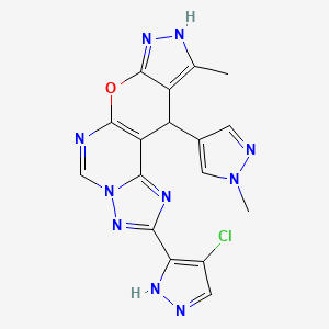 molecular formula C17H13ClN10O B10932768 4-(4-chloro-1H-pyrazol-5-yl)-14-methyl-16-(1-methylpyrazol-4-yl)-10-oxa-3,5,6,8,12,13-hexazatetracyclo[7.7.0.02,6.011,15]hexadeca-1(9),2,4,7,11,14-hexaene 