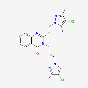 molecular formula C21H22Cl2N6OS B10932782 2-{[(4-chloro-3,5-dimethyl-1H-pyrazol-1-yl)methyl]sulfanyl}-3-[3-(4-chloro-3-methyl-1H-pyrazol-1-yl)propyl]quinazolin-4(3H)-one 