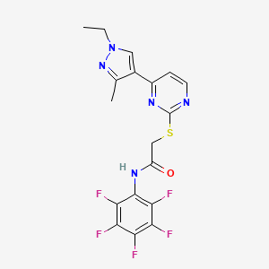 molecular formula C18H14F5N5OS B10932890 2-{[4-(1-ethyl-3-methyl-1H-pyrazol-4-yl)pyrimidin-2-yl]sulfanyl}-N-(pentafluorophenyl)acetamide 