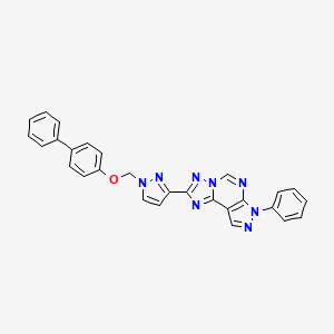 molecular formula C28H20N8O B10933044 2-{1-[(4-Biphenylyloxy)methyl]-1H-pyrazol-3-YL}-7-phenyl-7H-pyrazolo[4,3-E][1,2,4]triazolo[1,5-C]pyrimidine 