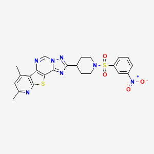 molecular formula C23H21N7O4S2 B10933360 11,13-dimethyl-4-[1-(3-nitrophenyl)sulfonylpiperidin-4-yl]-16-thia-3,5,6,8,14-pentazatetracyclo[7.7.0.02,6.010,15]hexadeca-1(9),2,4,7,10(15),11,13-heptaene 