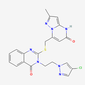 molecular formula C21H18ClN7O2S B10933739 3-[2-(4-chloro-1H-pyrazol-1-yl)ethyl]-2-{[(2-methyl-5-oxo-4,5-dihydropyrazolo[1,5-a]pyrimidin-7-yl)methyl]sulfanyl}quinazolin-4(3H)-one 