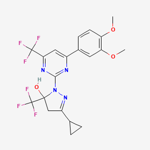 molecular formula C20H18F6N4O3 B10933826 3-cyclopropyl-1-[4-(3,4-dimethoxyphenyl)-6-(trifluoromethyl)pyrimidin-2-yl]-5-(trifluoromethyl)-4,5-dihydro-1H-pyrazol-5-ol 