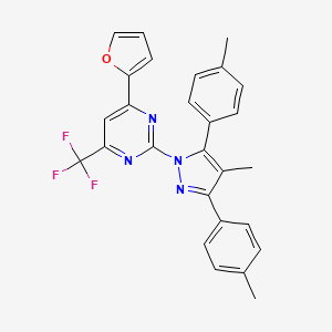 molecular formula C27H21F3N4O B10933957 4-(furan-2-yl)-2-[4-methyl-3,5-bis(4-methylphenyl)-1H-pyrazol-1-yl]-6-(trifluoromethyl)pyrimidine 