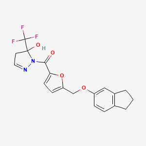 molecular formula C19H17F3N2O4 B10934034 {5-[(2,3-dihydro-1H-inden-5-yloxy)methyl]furan-2-yl}[5-hydroxy-5-(trifluoromethyl)-4,5-dihydro-1H-pyrazol-1-yl]methanone 