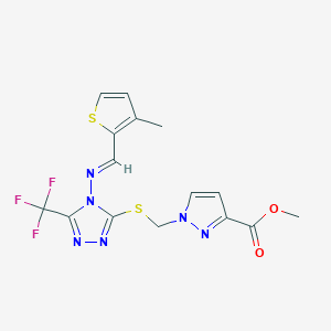 molecular formula C15H13F3N6O2S2 B10934091 methyl 1-({[4-{[(E)-(3-methylthiophen-2-yl)methylidene]amino}-5-(trifluoromethyl)-4H-1,2,4-triazol-3-yl]sulfanyl}methyl)-1H-pyrazole-3-carboxylate 