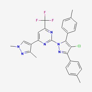 molecular formula C27H22ClF3N6 B10934232 2-[4-chloro-3,5-bis(4-methylphenyl)-1H-pyrazol-1-yl]-4-(1,3-dimethyl-1H-pyrazol-4-yl)-6-(trifluoromethyl)pyrimidine 