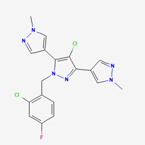 molecular formula C18H15Cl2FN6 B10934661 4-chloro-1-[(2-chloro-4-fluorophenyl)methyl]-3,5-bis(1-methylpyrazol-4-yl)pyrazole 