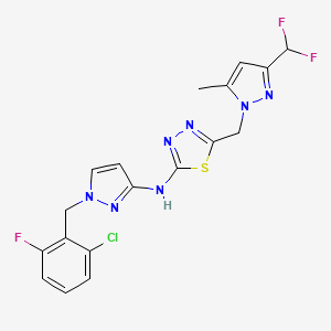 molecular formula C18H15ClF3N7S B10935444 N-[1-(2-chloro-6-fluorobenzyl)-1H-pyrazol-3-yl]-5-{[3-(difluoromethyl)-5-methyl-1H-pyrazol-1-yl]methyl}-1,3,4-thiadiazol-2-amine 